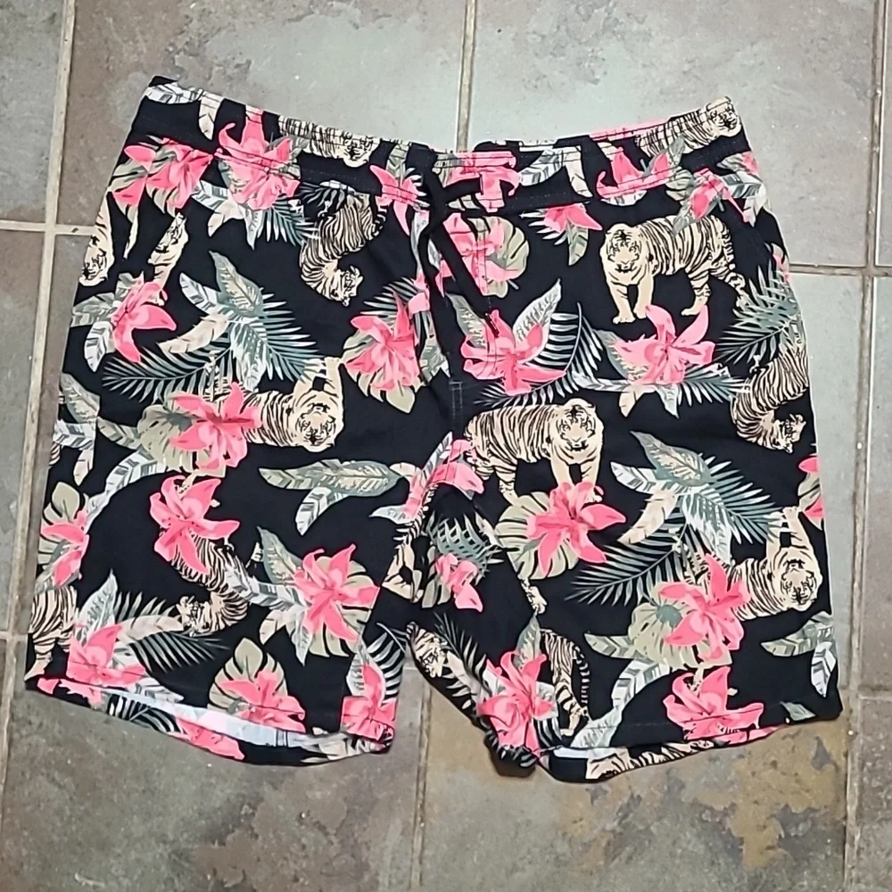 Floral Tiger Print Shorts Mens XL 40-42 Swim Trunks Drawstring‎